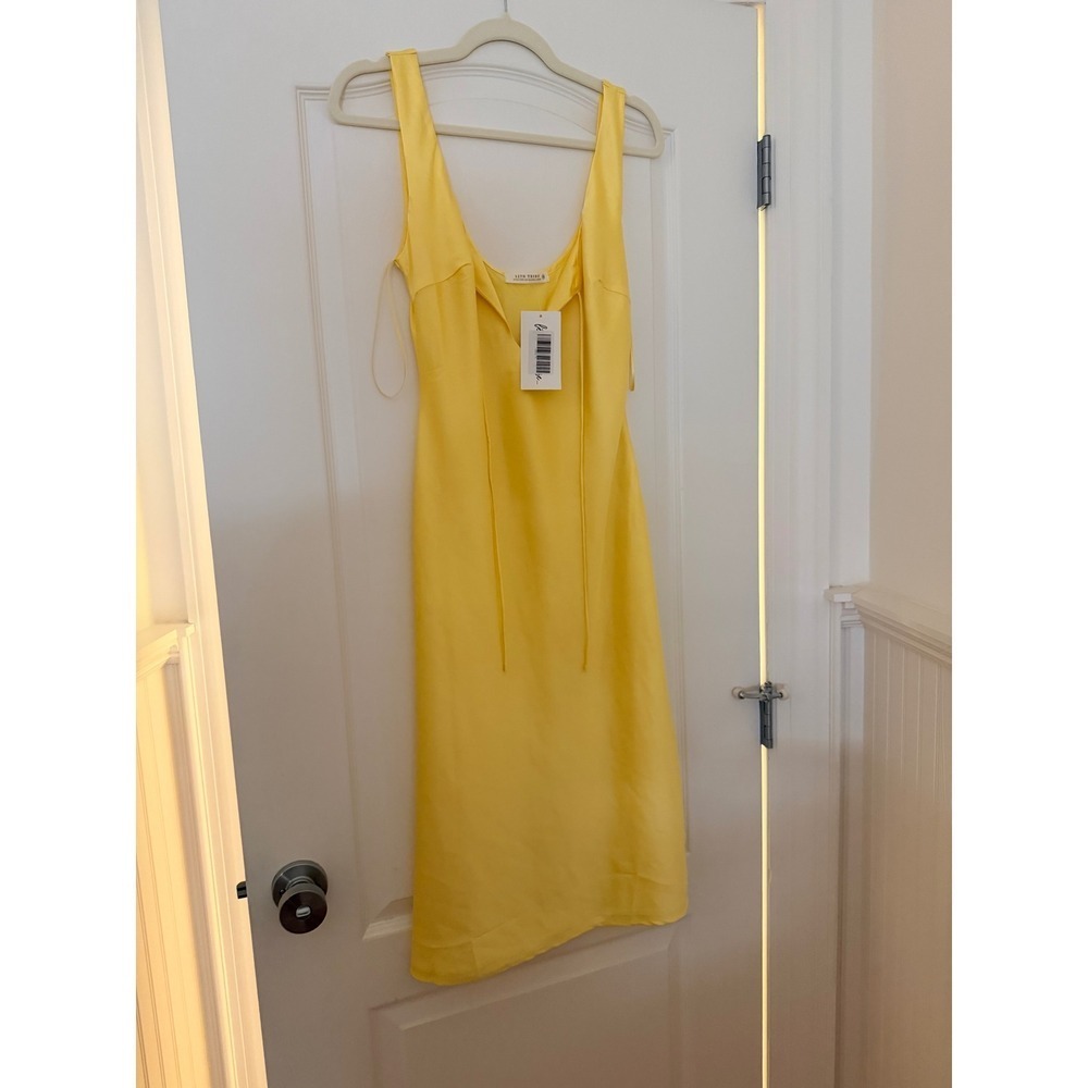 12th Tribe Daphne Yellow Satin Midi Dress Cutout Front Tie M NWT - Picture 8 of 9